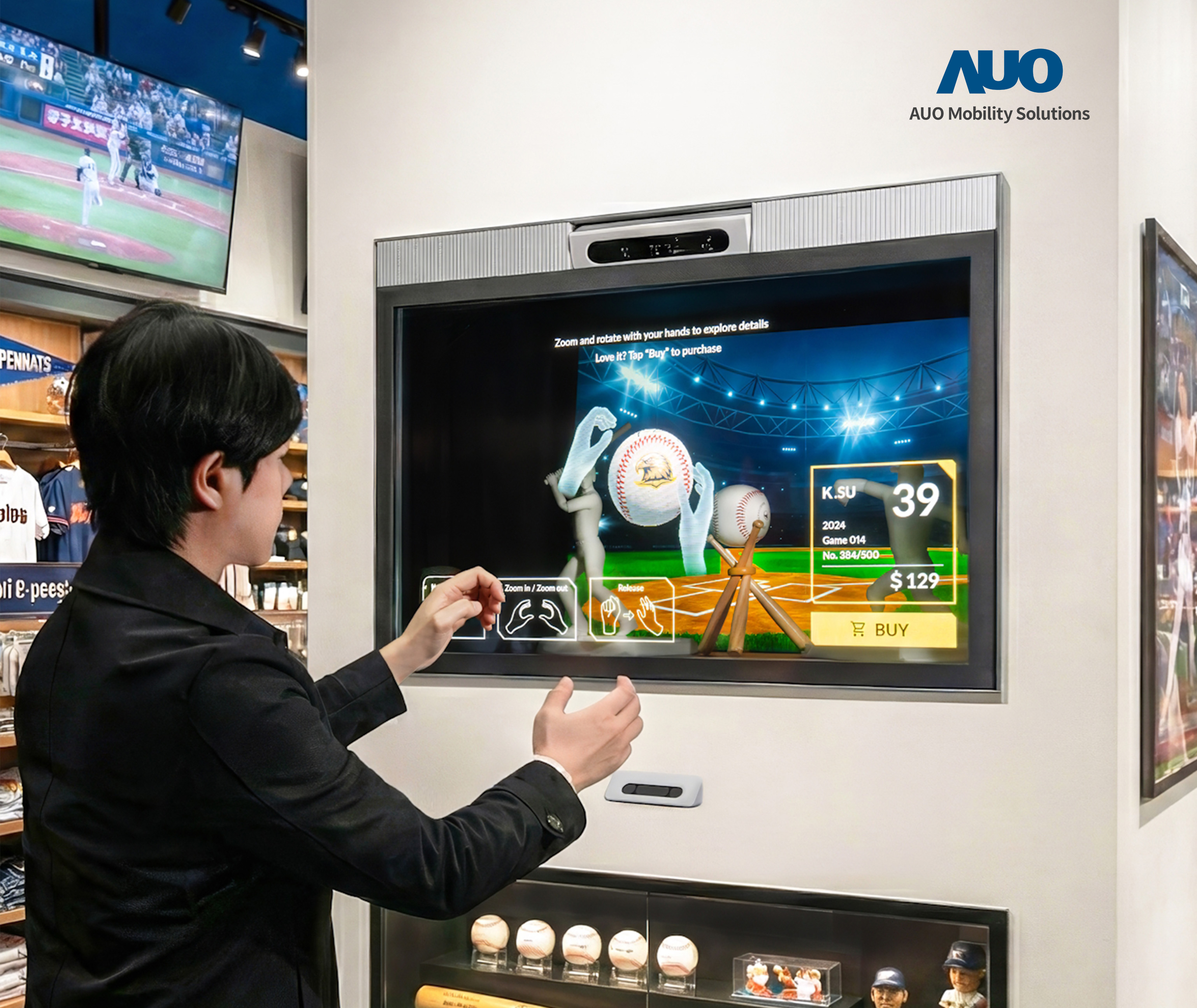 64吋Sports AR Solution提供实体赛事与Micro LED透明显示器对应互动的运用，对于参赛者或队伍有更多信息需了解，或更多营销互动，都可轻松在透明显示屏幕上完成，助攻营销互动新纪元。