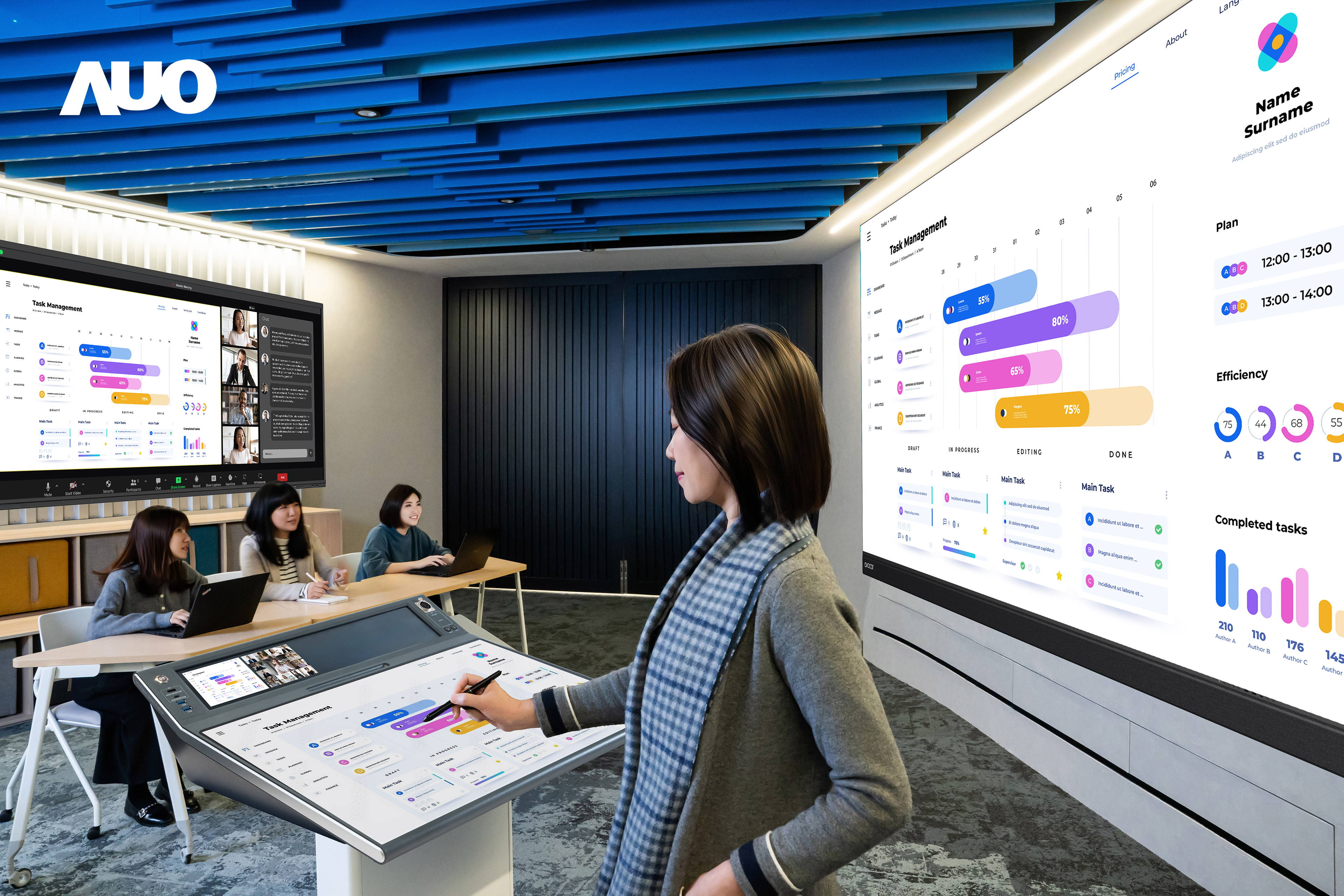 达擎携手Avocor与Rise Vision展示全方位商务领域应用，包含采用模块化设计的138吋一体式All-in-One LED显示器及具21:9超宽比例的92吋交互式电子白板（IFPD），讲者可轻松分享内容，有效提升会议协作效率。